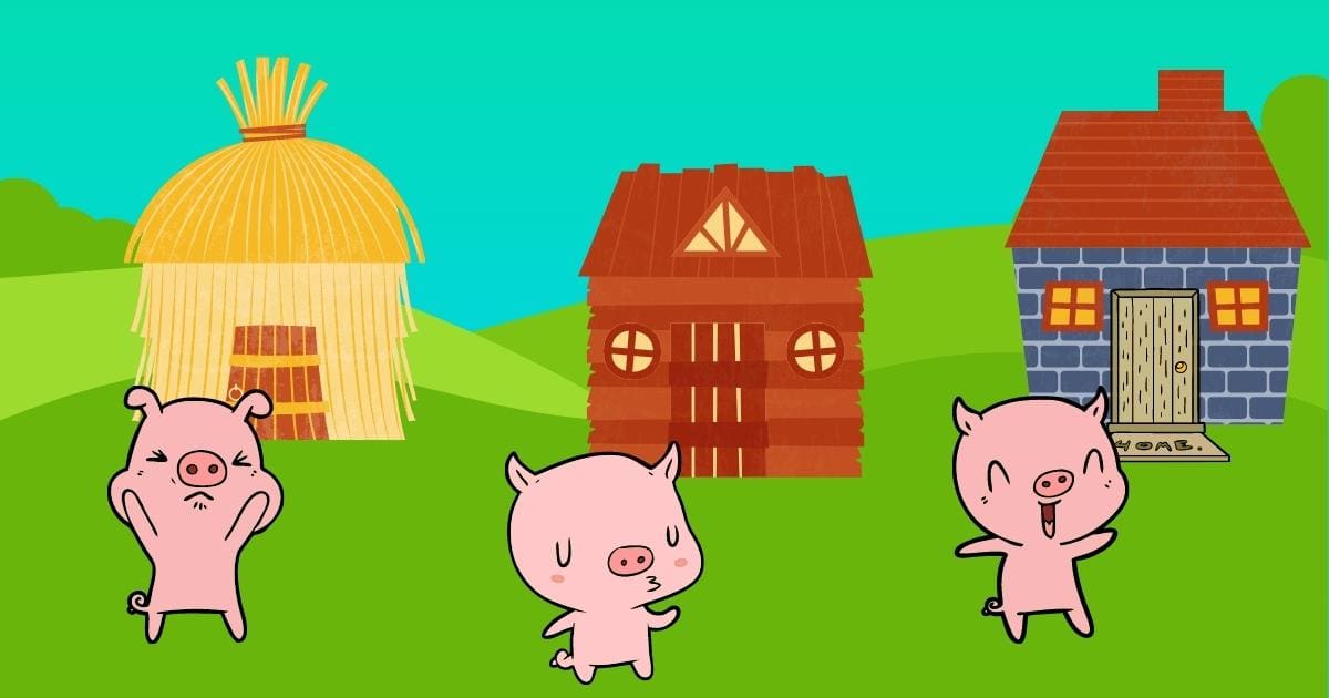Three Pigs Standing In Front Of A House.