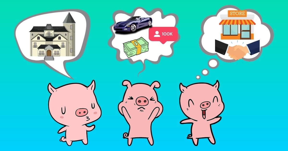 Three Pigs With Speech Bubbles In Front Of A House And A Car.