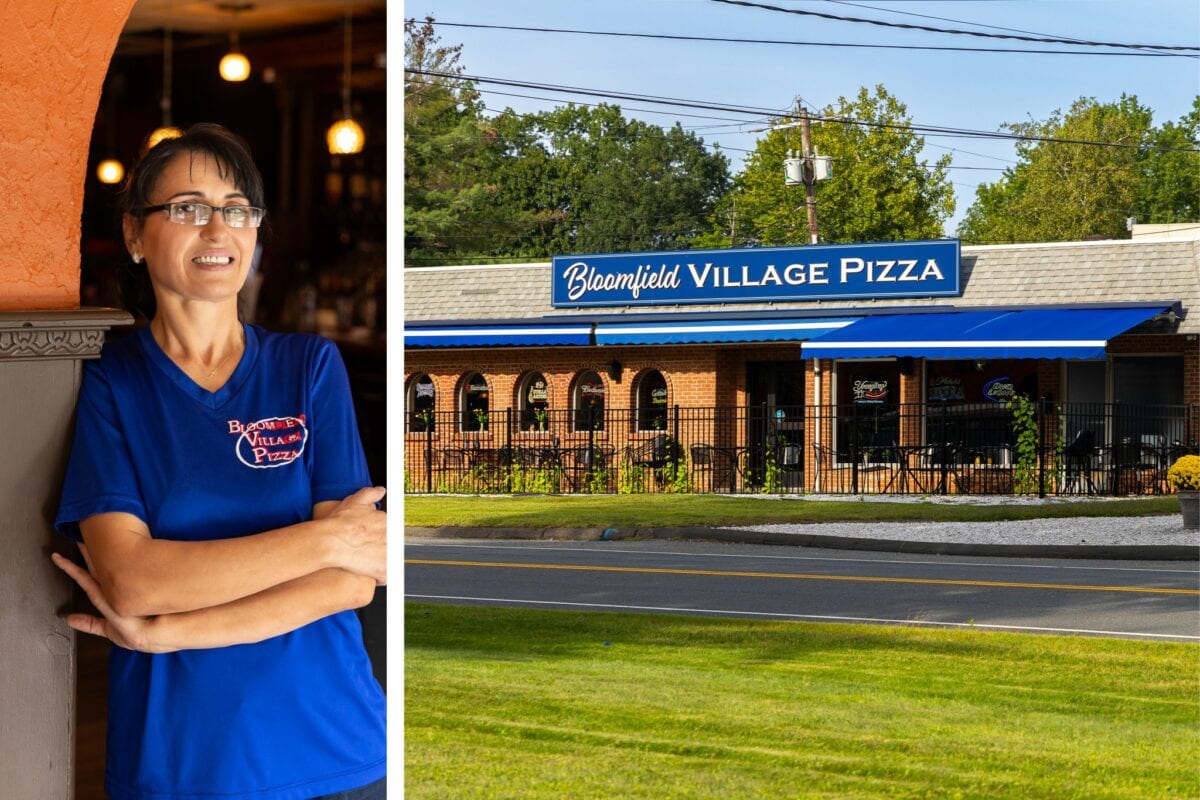 Two Pictures Of A Woman Standing In Front Of A Bloomfield Pizza Restaurant.
