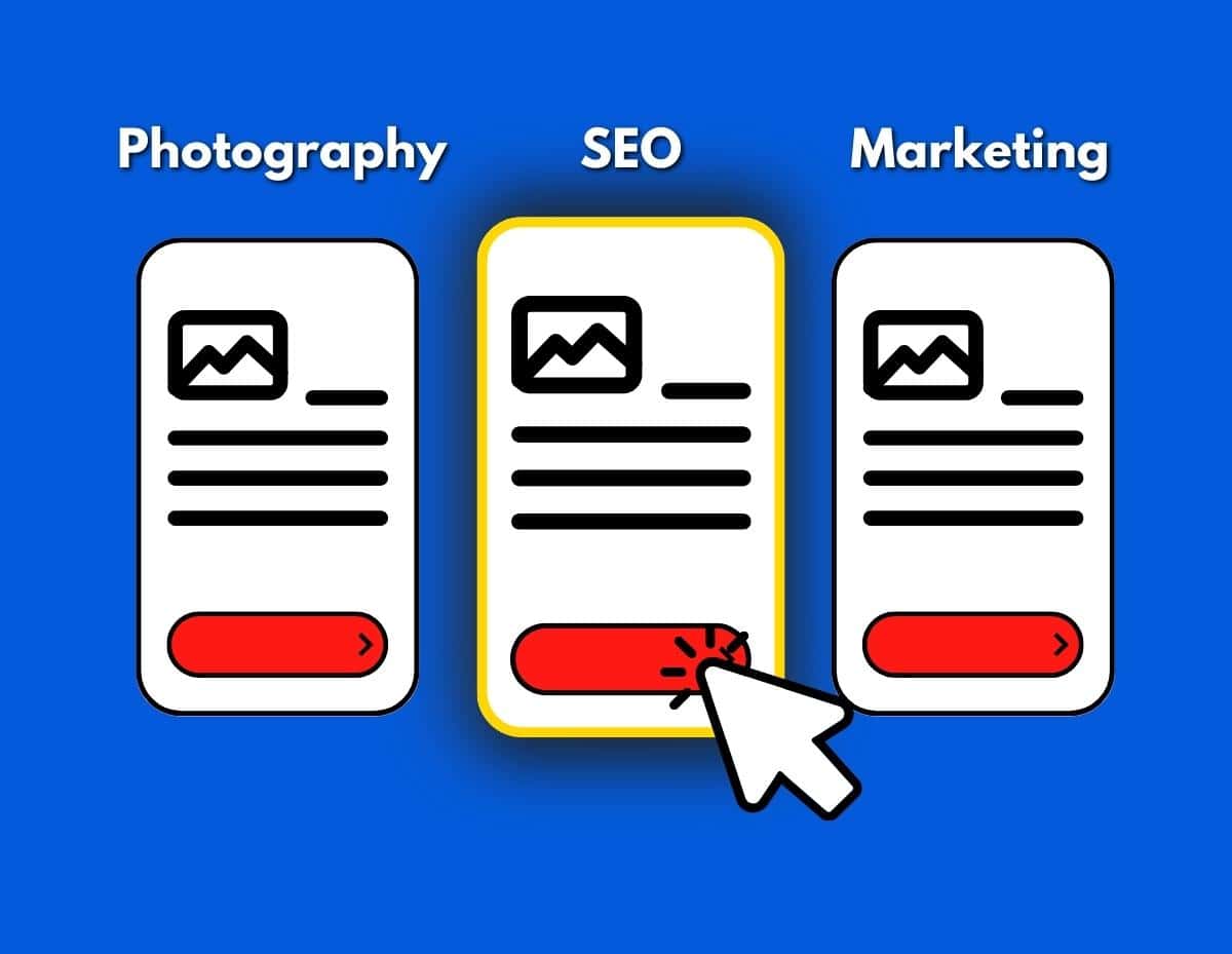 A Blue Background Showcasing Photography, Seo Marketing, And Service Areas With An Arrow Pointing At It.