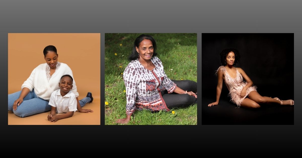 Four Photography Poses Of A Woman And A Child Sitting On The Ground.