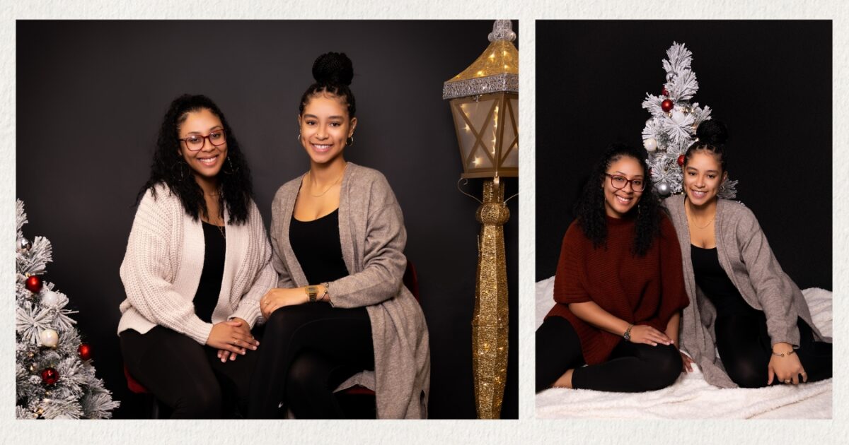 Three Pictures Of Two Women Posing In Front Of A Christmas Tree During Holiday Mini Sessions.