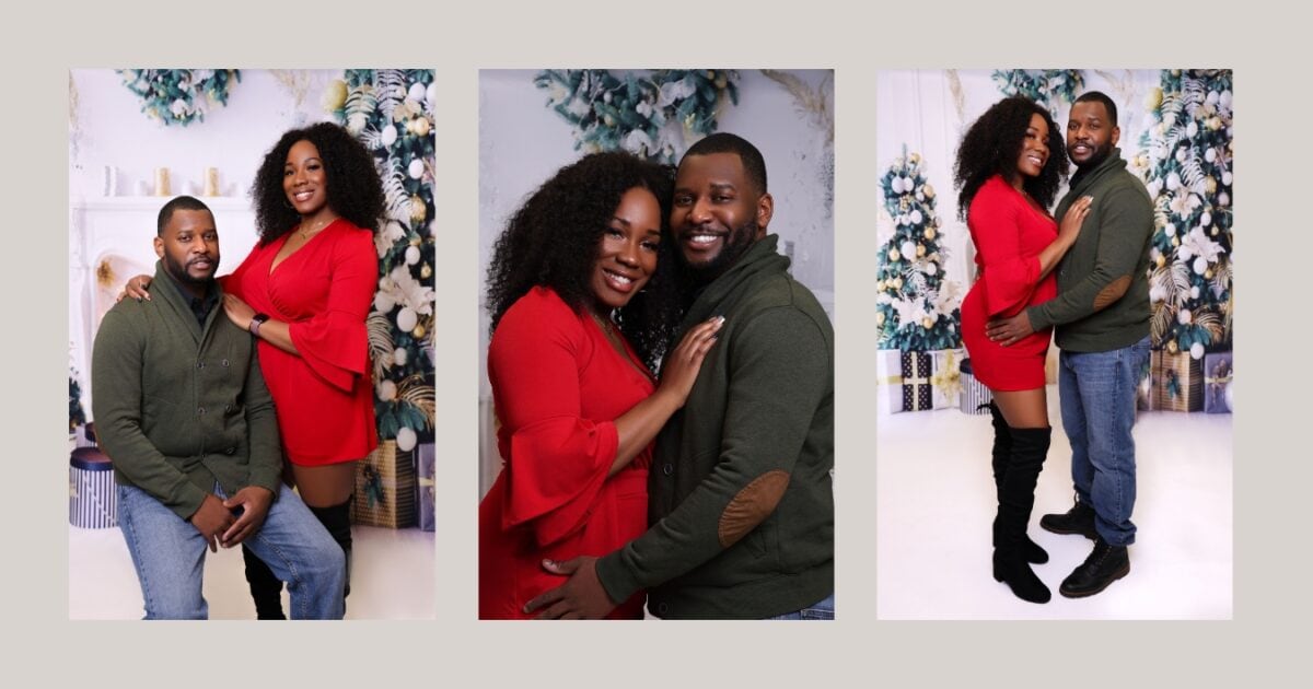 Four Pictures Of A Couple Posing In Front Of A Christmas Tree During Holiday Mini Sessions.