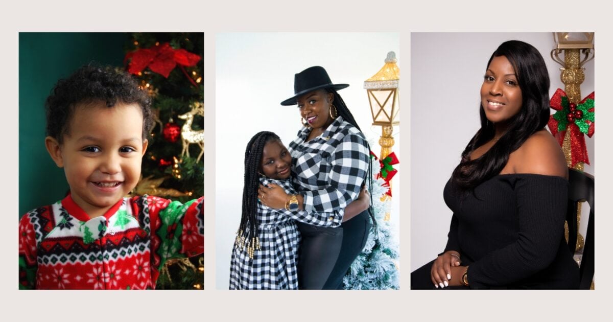 Four Pictures Of A Family Posing In Front Of A Christmas Tree During Their Holiday Mini Session.