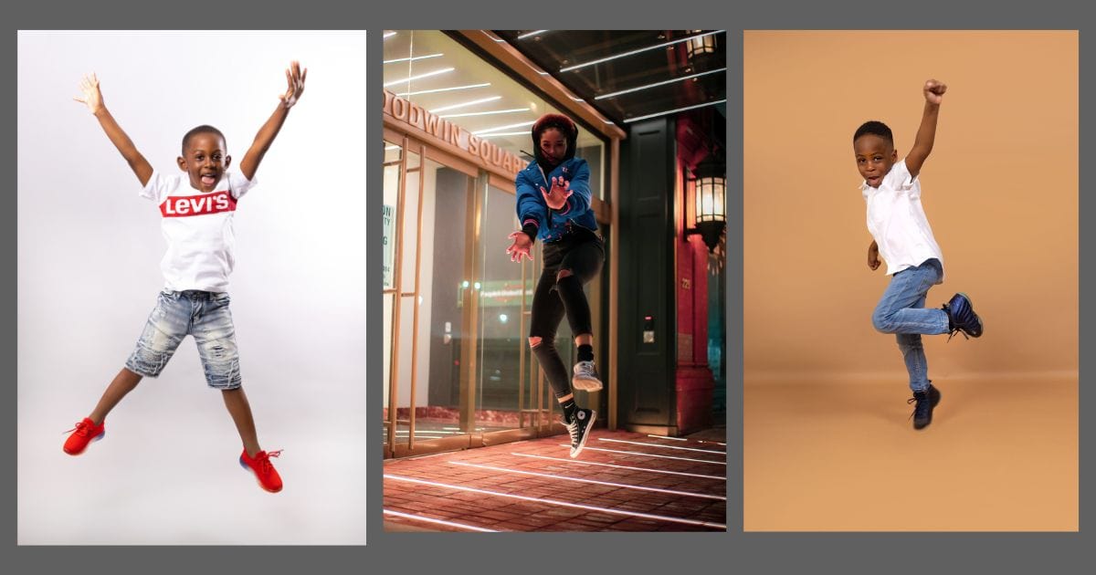Three Poses Of A Young Boy Jumping In The Air For Pictures.