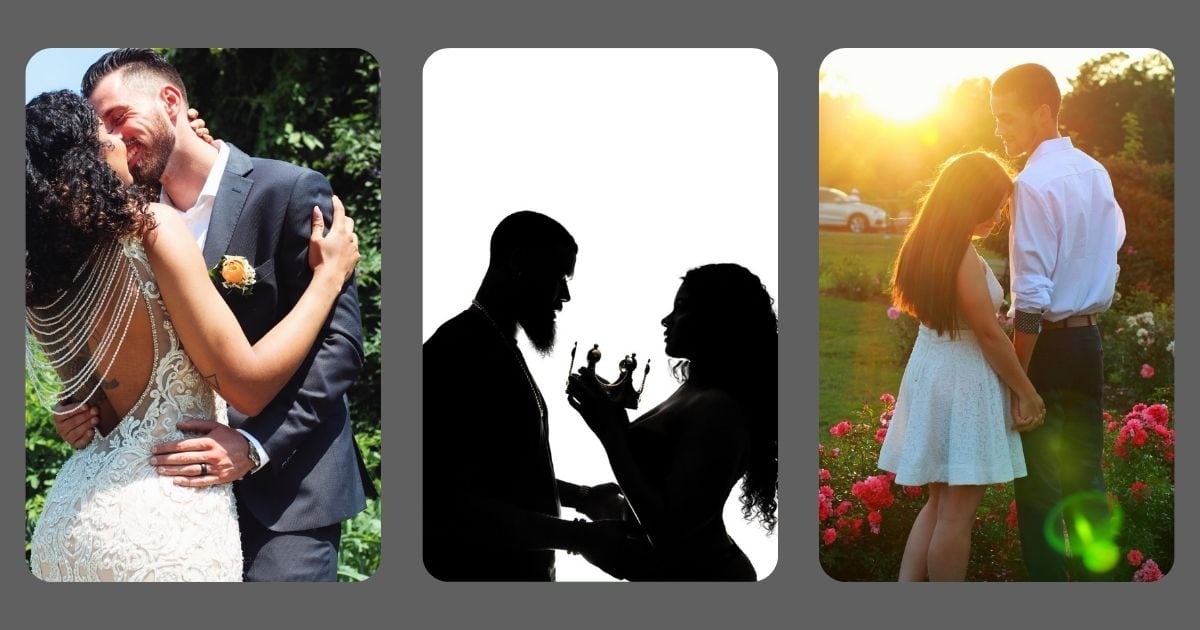 Four Pictures Of A Couple Posing In Front Of A Sunset.