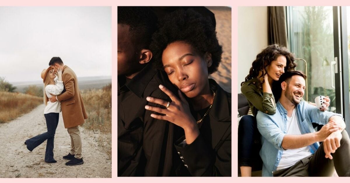 Four Pictures Of A Man And Woman Hugging Each Other, Showcasing What To Wear To A Photoshoot.