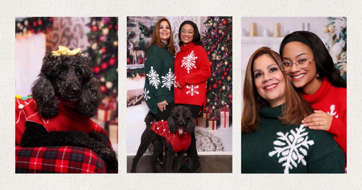 A Festive Holiday Mini Session Capturing The Adorable Bond Between A Woman And Her Dog In Matching Christmas Sweaters.