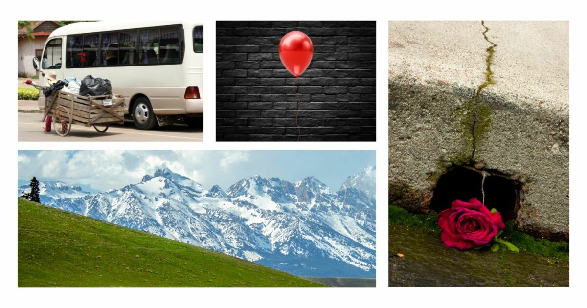 A Creative Photography Idea For A Photoshoot Featuring A Collage Of Photos With A Red Balloon And A Bus.