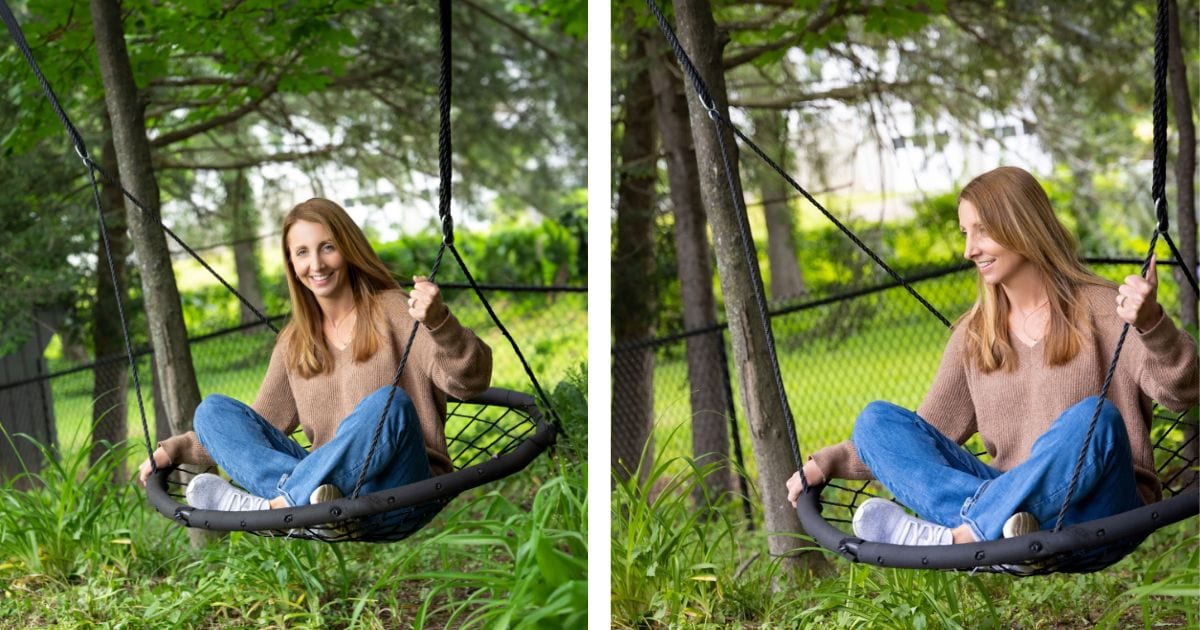 Two Pictures Of A Woman Sitting On A Swing, Captured Through Photography At Home.