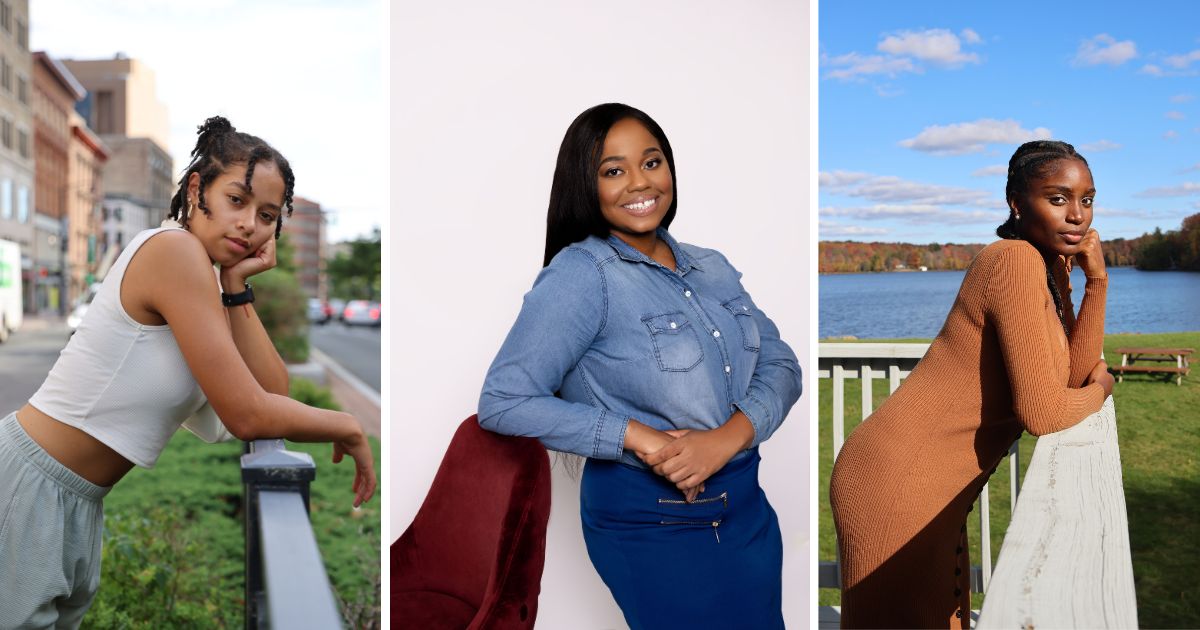 Four Pictures Of Young Black Women In Photography Poses Leaning Against A Fence.