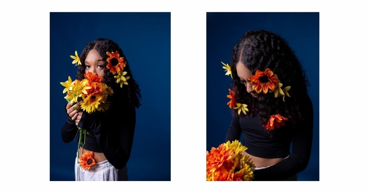 Two Pictures Of A Woman Posing With Sunflowers For Photography.