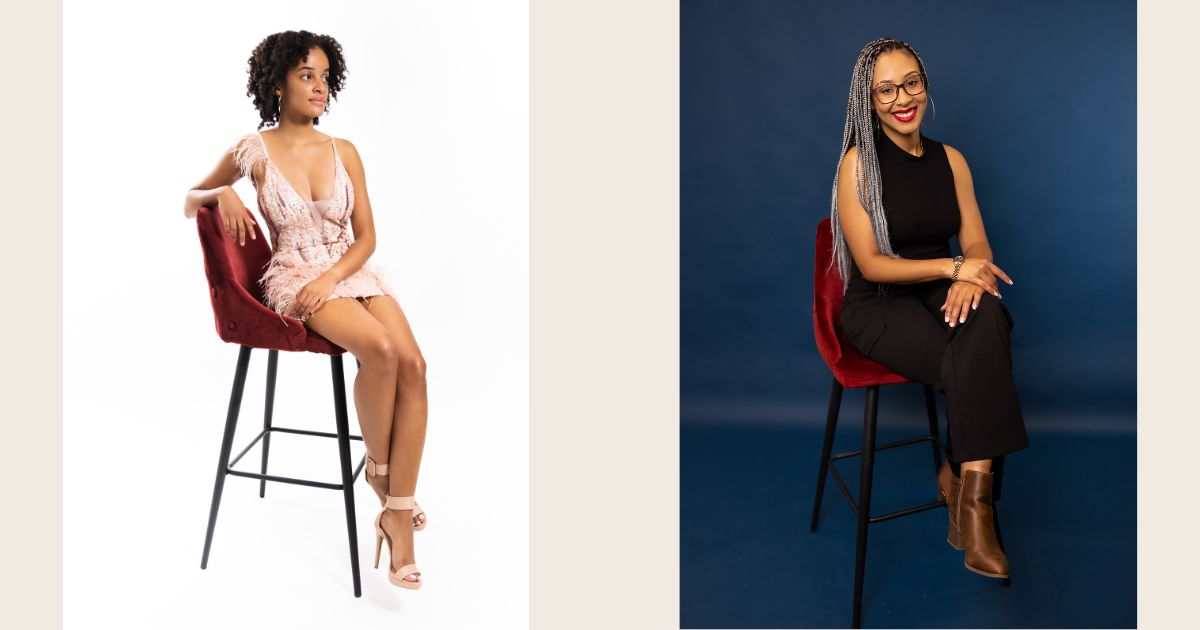 Two Women In Various Photography Poses Sitting On A Chair.
