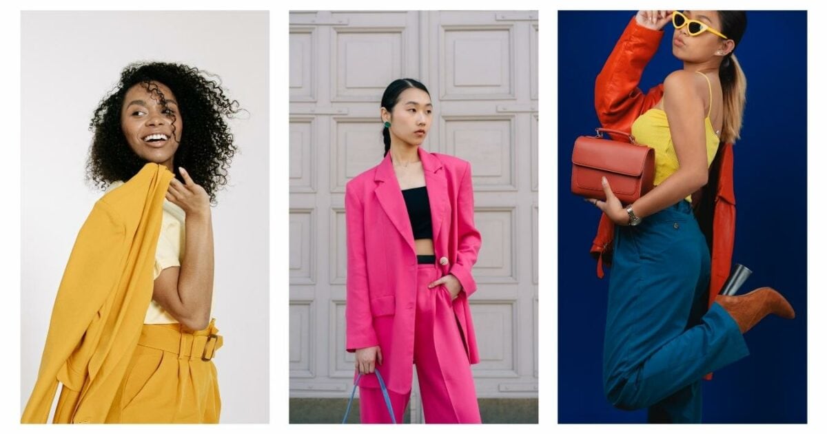 A Collage Of Women Wearing Different Colors Of Clothing For A Photoshoot.