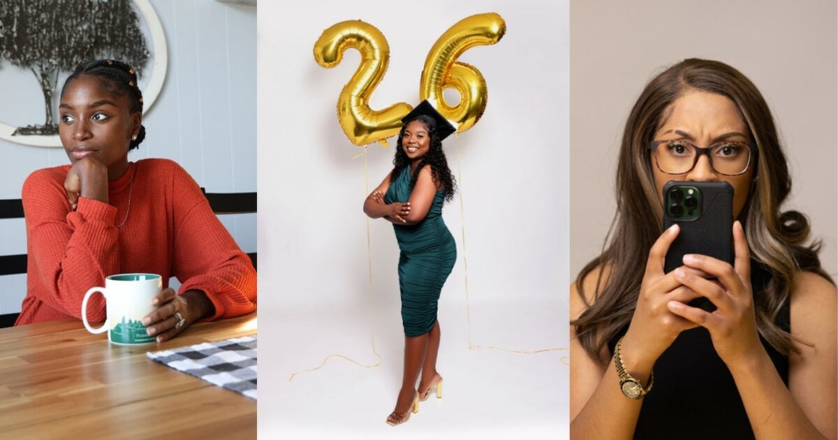 Three Pictures Of A Woman In Various Photography Poses With A Cup Of Coffee And A Balloon.
