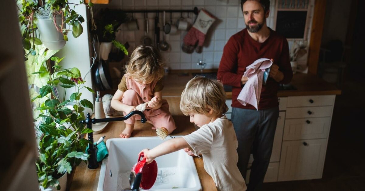 A Photo Essay Depicting A Man And Two Children Engaging In Dishwashing Activities Within A Kitchen Environment.