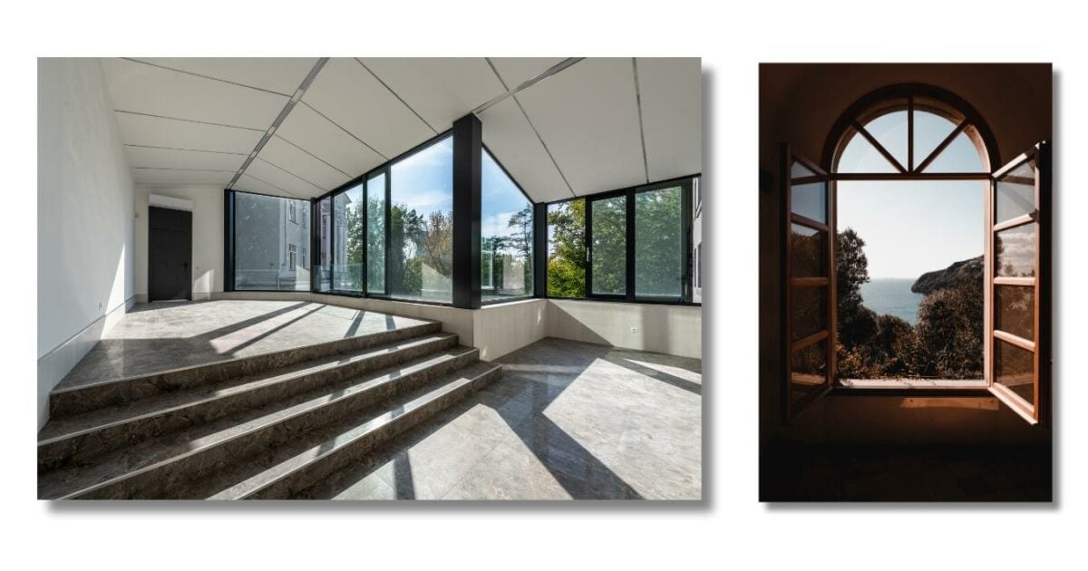 Two Pictures Showcasing A Room With A Window And Stairs.