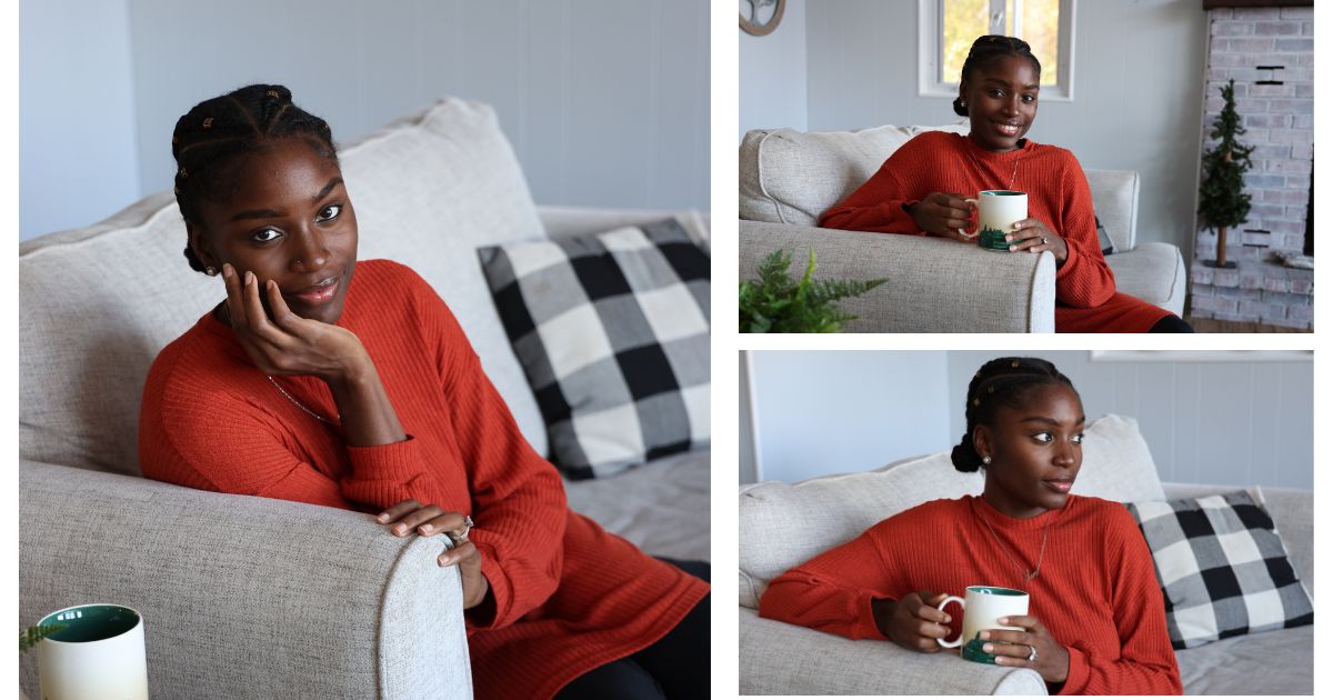 Four Pictures Of A Woman Sitting On A Couch, Captured Through Photography At Home.