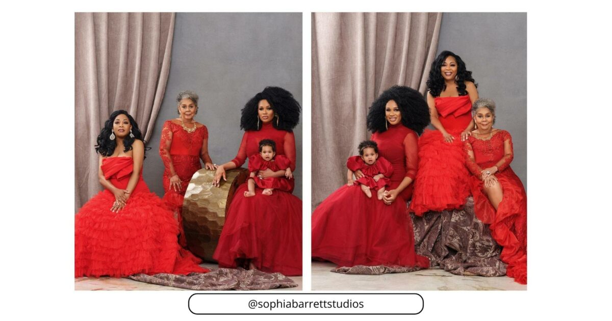 Four Pictures Of A Holiday Family Posing In Red Dresses.