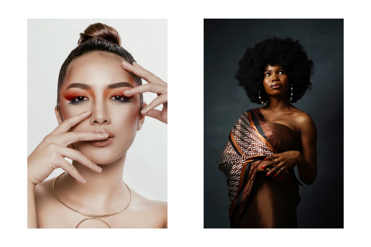 Two Stunning Pictures Of Women With Afro Hair And Makeup, Striking Elegant Poses During A Captivating Photo Session.