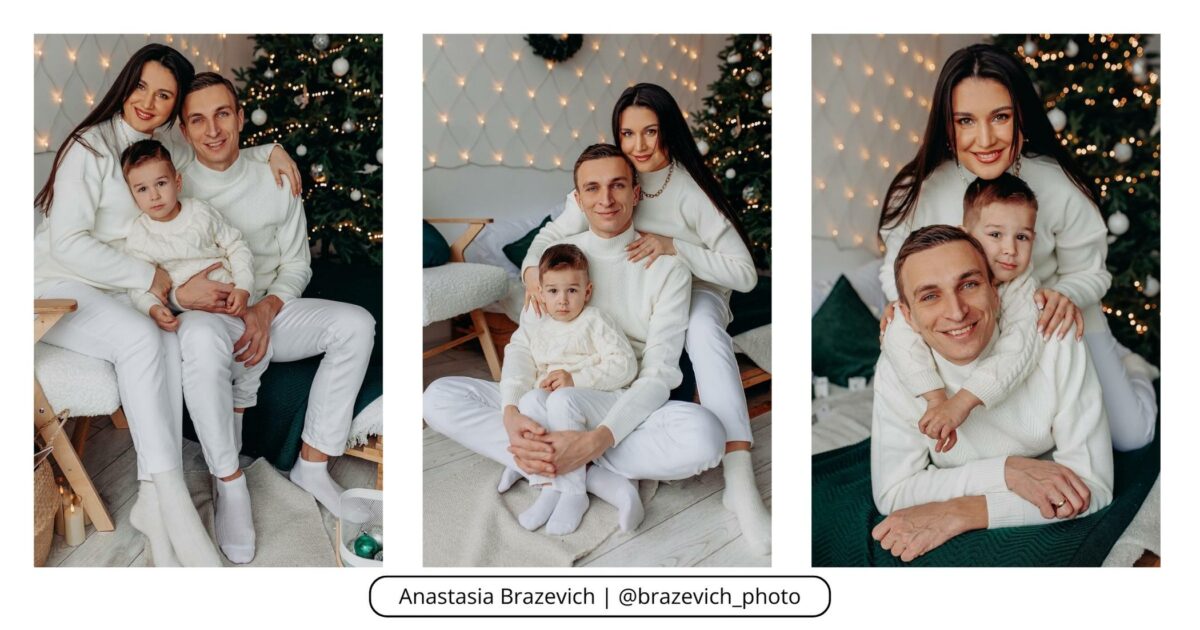 Four Pictures Of A Family Posing In Front Of A Christmas Tree.