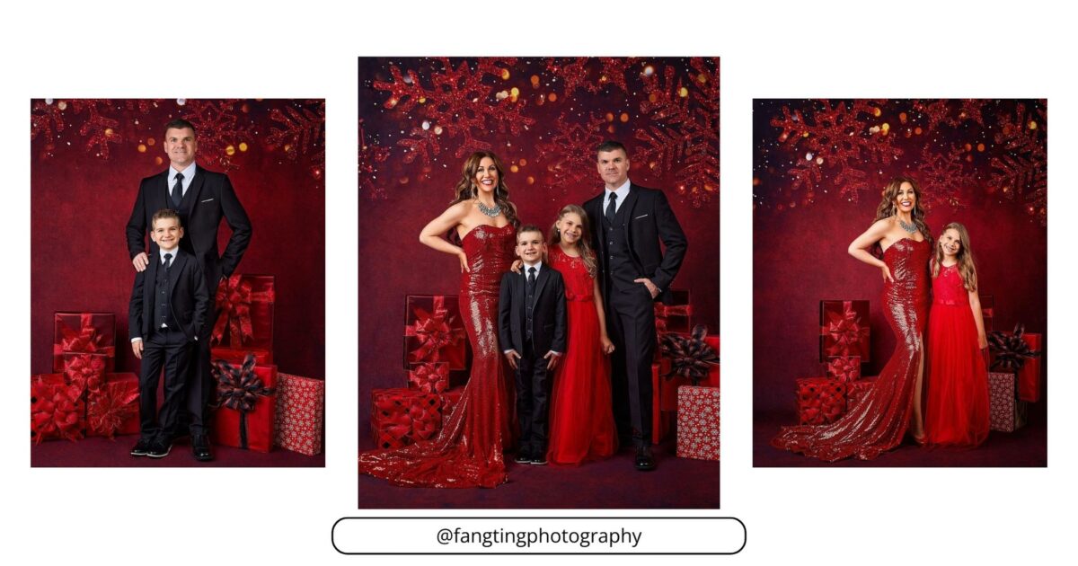 Four Pictures Of A Family Posing In Front Of A Christmas Tree For Holiday Family Photos.