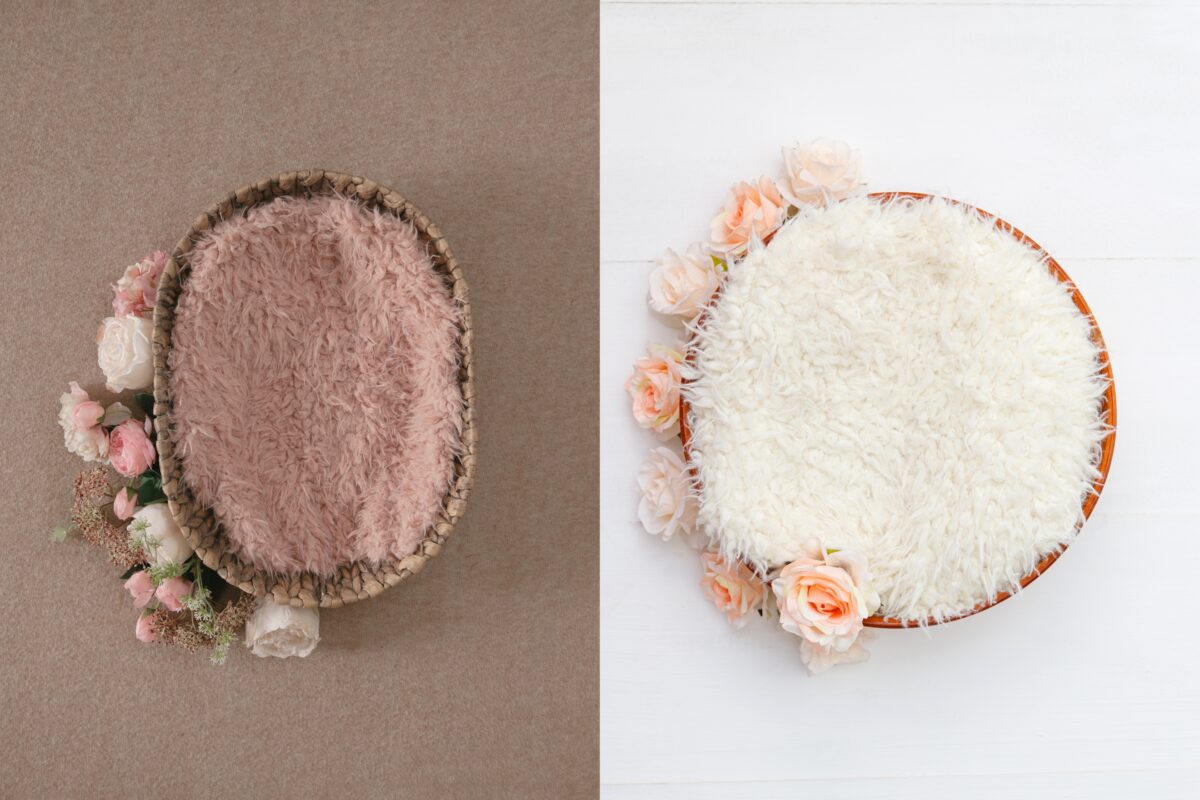 A Stunning Photography Backdrop Featuring A Bowl With Flowers And A Sheepskin Rug.