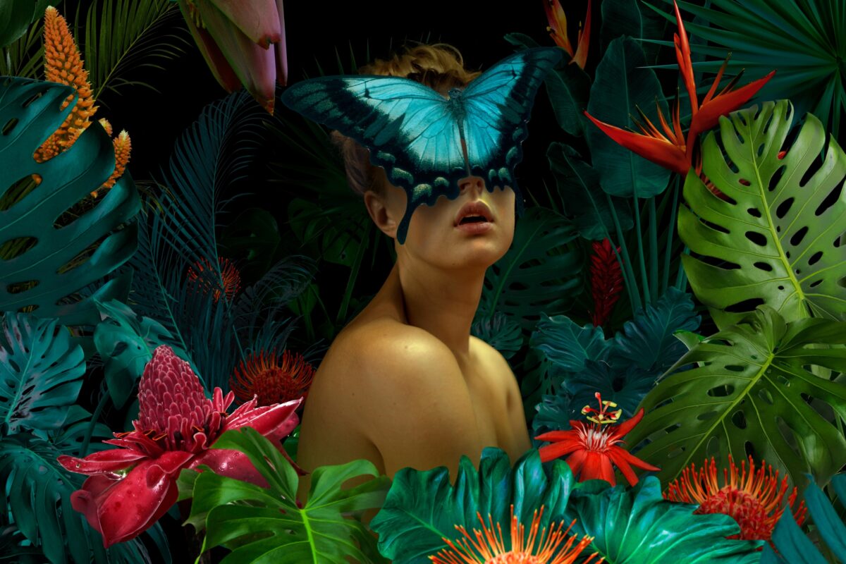 Using Advanced Techniques, This Transformative Art Piece Turns A Photograph Of A Woman Surrounded By Lush Greenery In The Jungle Into A Captivating Masterpiece. The Focal Point Is The Delicate Butterfly Delicately Perched On Her