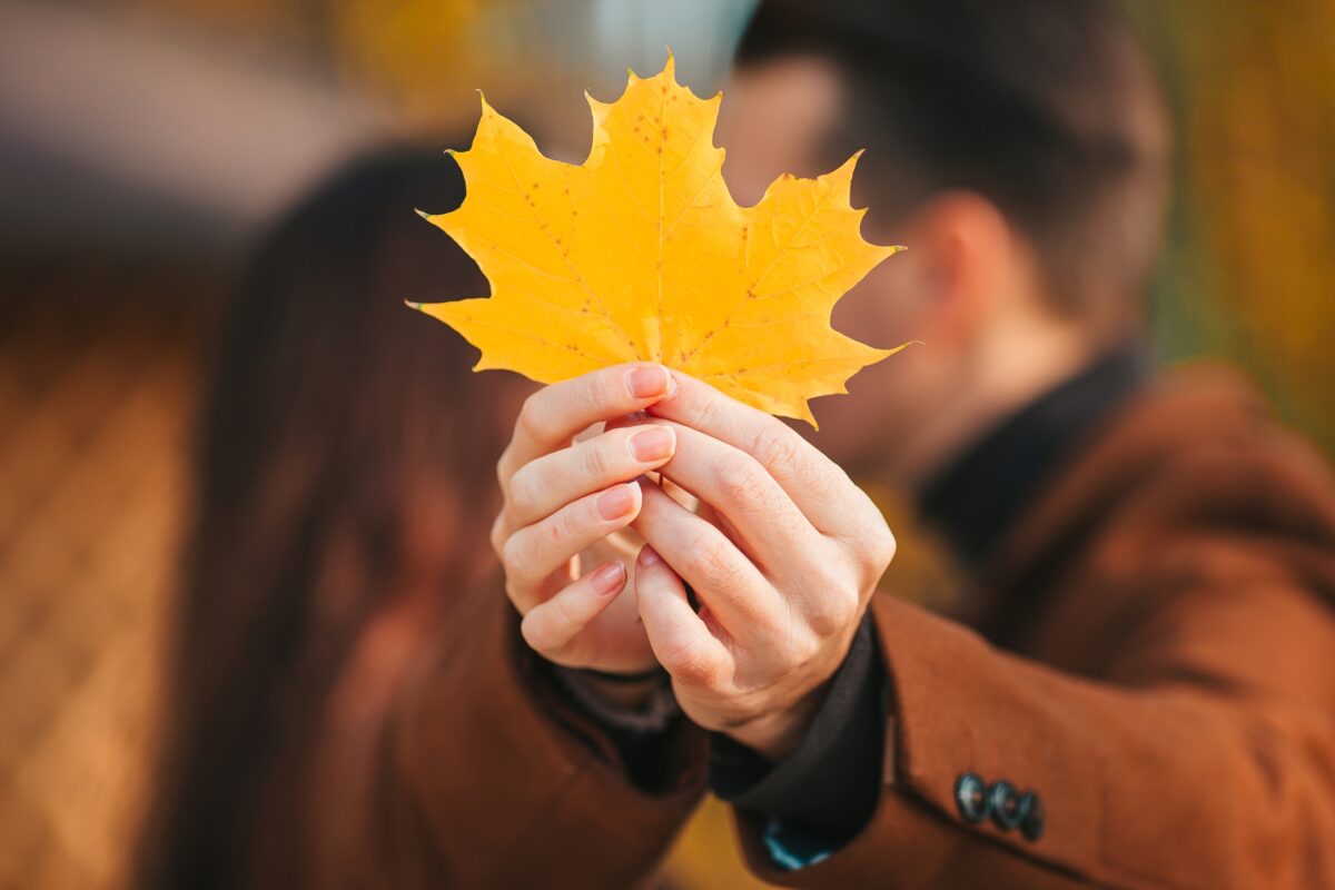 A Couple Holding A Yellow Leaf In Their Hands.