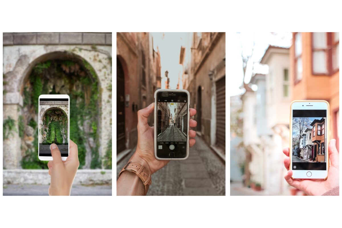 Discover Mobile Photography Tips With Four Captivating Pictures Of A Person Capturing The Essence Of An Old Building Through Their Cell Phone Lens.