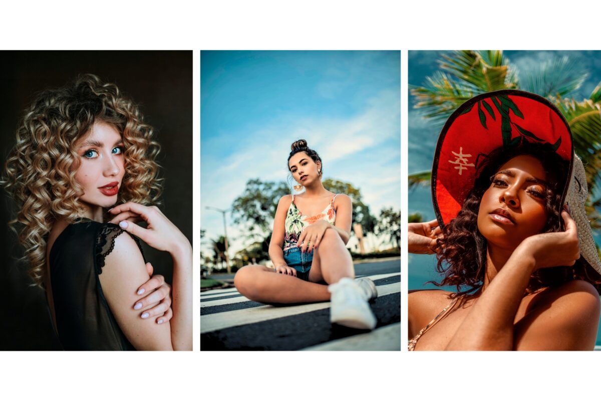 Four Pictures Of A Woman With Curly Hair And A Hat, Taken During A Photo Session.