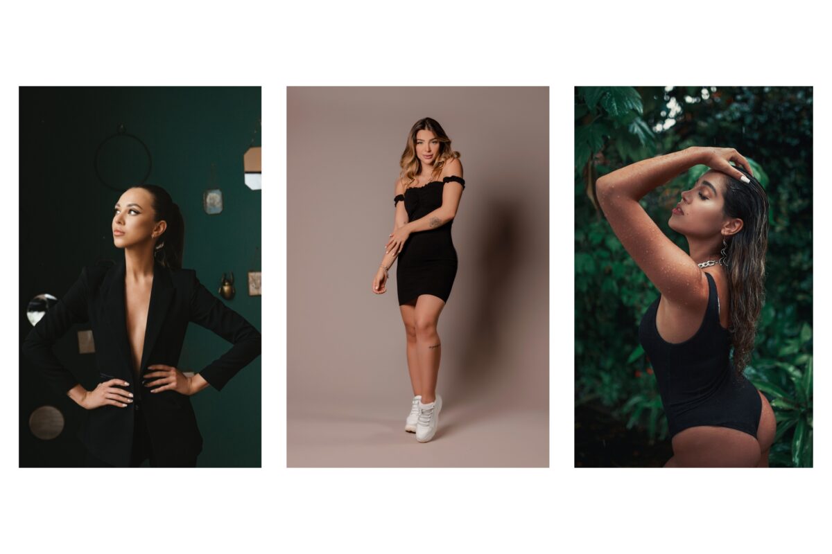 Four Different Pictures Of A Woman Striking Unique Poses For A Captivating Photoshoot.