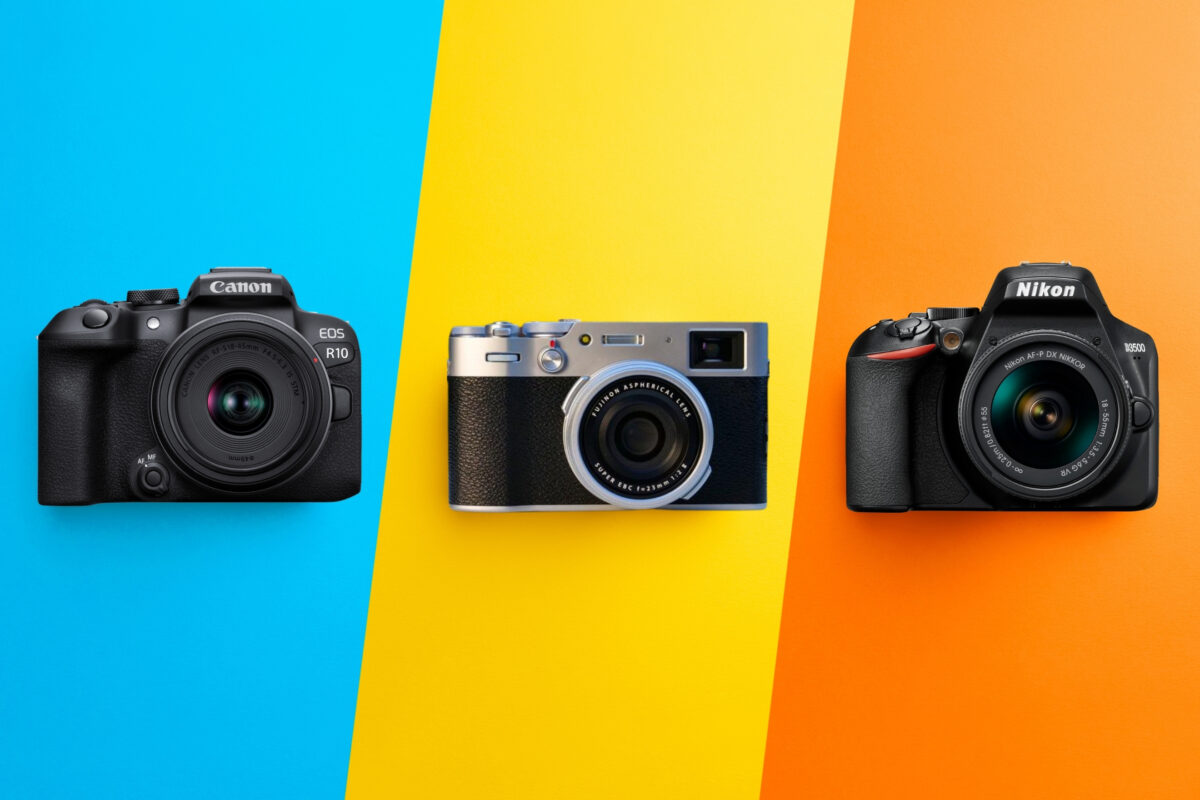 Three Cameras On A Vibrant Background Showcasing Various Options For How To Choose A Camera.