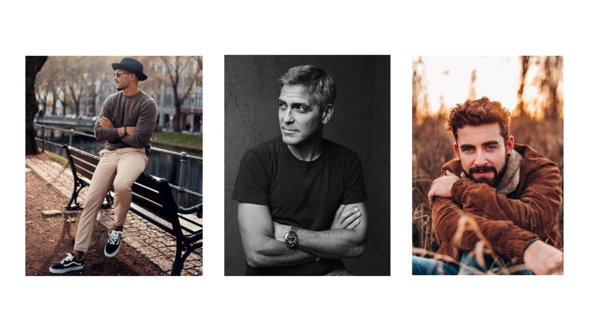 Four Black And White Photos Of A Male Model Sitting On A Bench, Striking Various Poses.