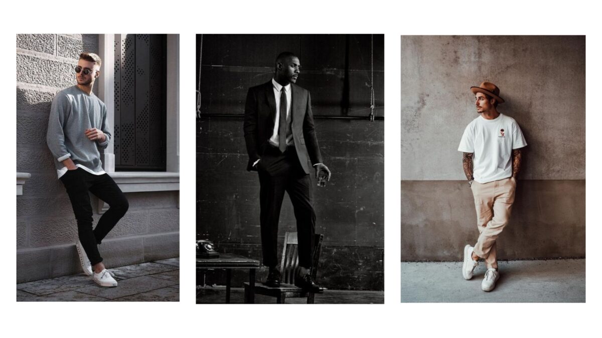 Four Male Model Poses Featuring A Man In A Suit And A Pair Of Sneakers, Showcased In Black And White Photos.