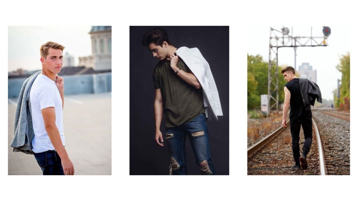 Four Pictures Of A Male Model In Jeans And A Jacket Striking Different Poses.