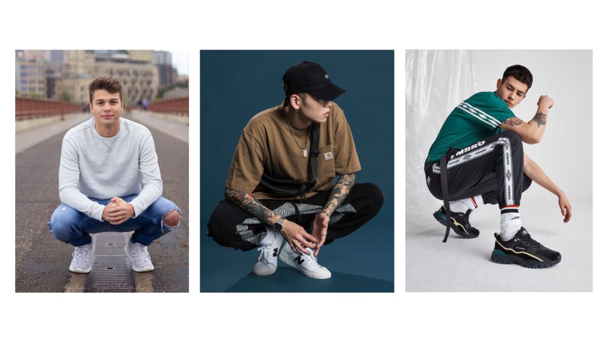 Four Pictures Of Male Models Wearing Different Types Of Sneakers While Striking Various Poses.
