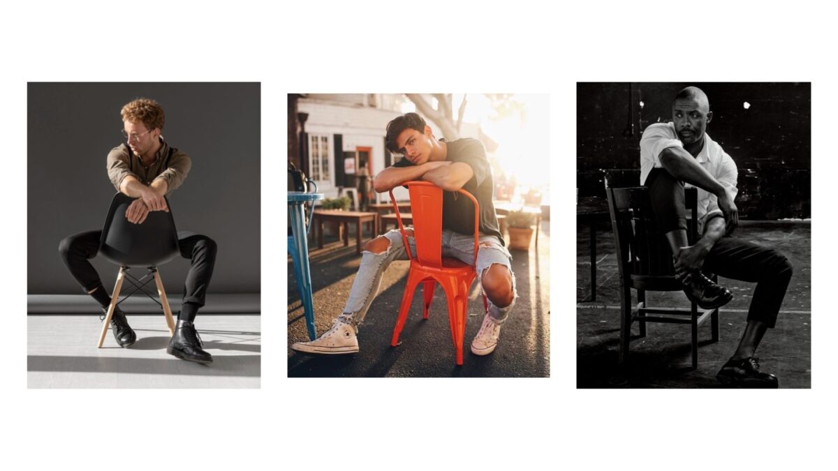 Four Photos Of A Male Model Sitting On A Chair And A Woman Sitting On A Chair.