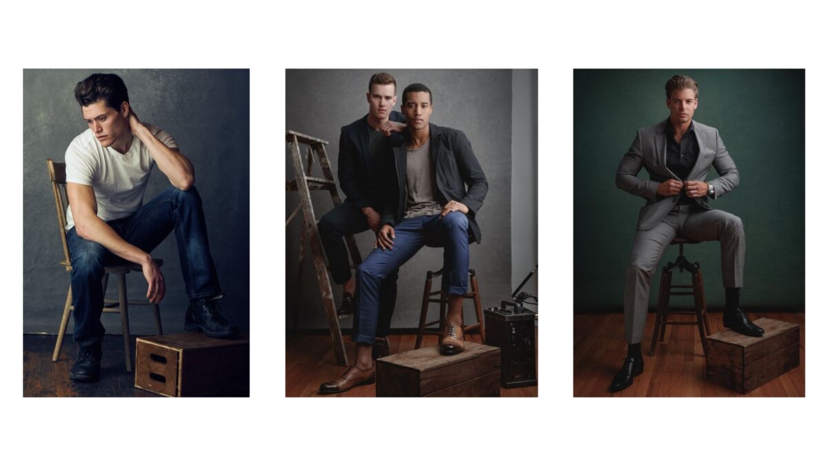 Four Pictures Of Male Models Posing On A Stool.