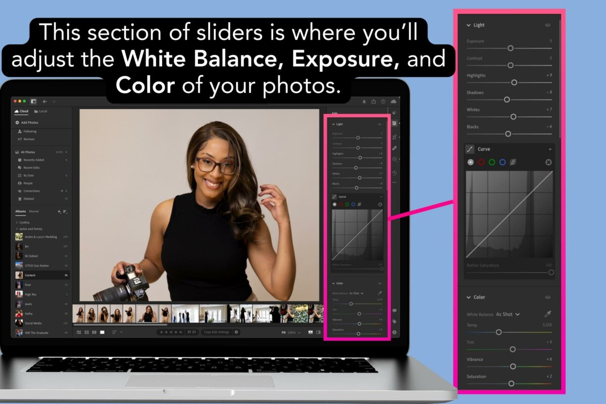 A Photo Of A Woman Using Lightroom Tools With A Laptop And A White Balance Slider.
