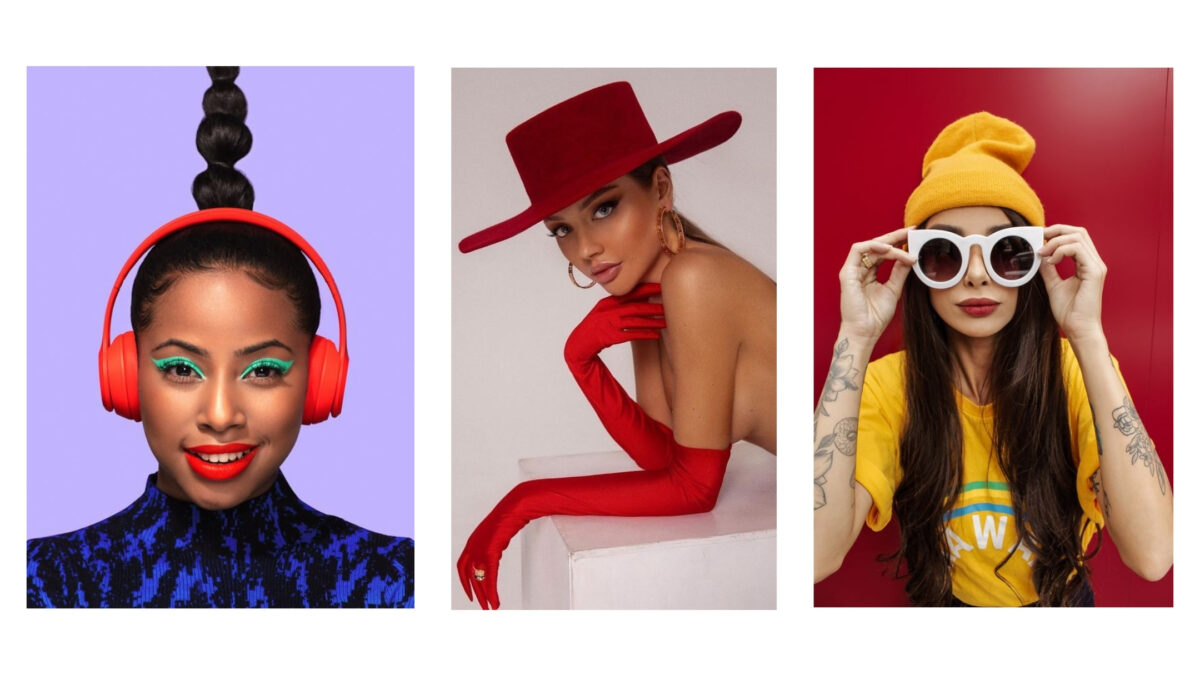 A Vibrant Collage Of Women Wearing Headphones, Hats And Other Props.
