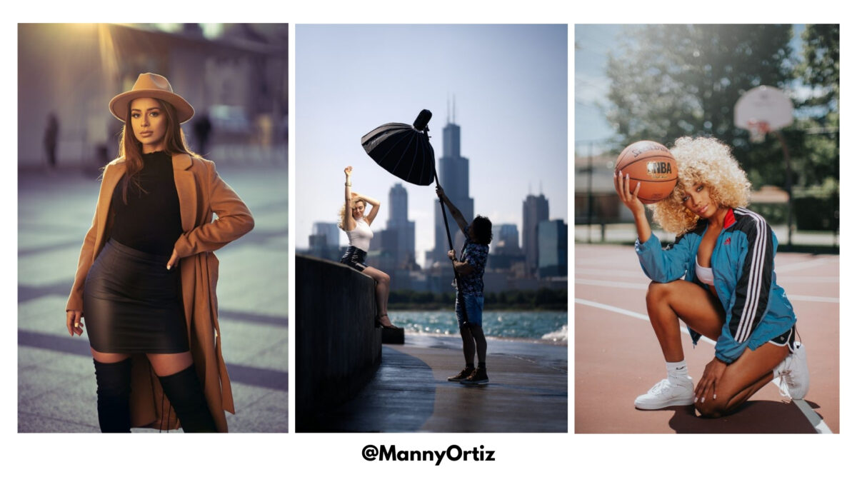 Four Urban Photography Pictures Of A Woman Posing In Front Of A City.