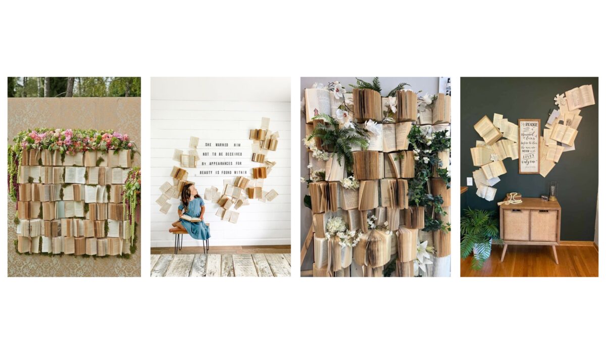 A Vibrant Backdrop Featuring A Collage Of Books Hanging On A Wall, Offering Creative Backdrop Photography Ideas.