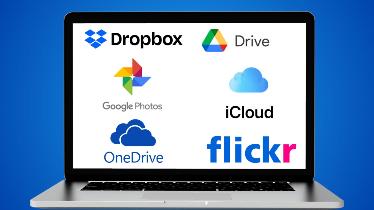 A Laptop With Icloud, Dropbox, And Onedrive Logos For Seamless Store And Backup Of Photos.