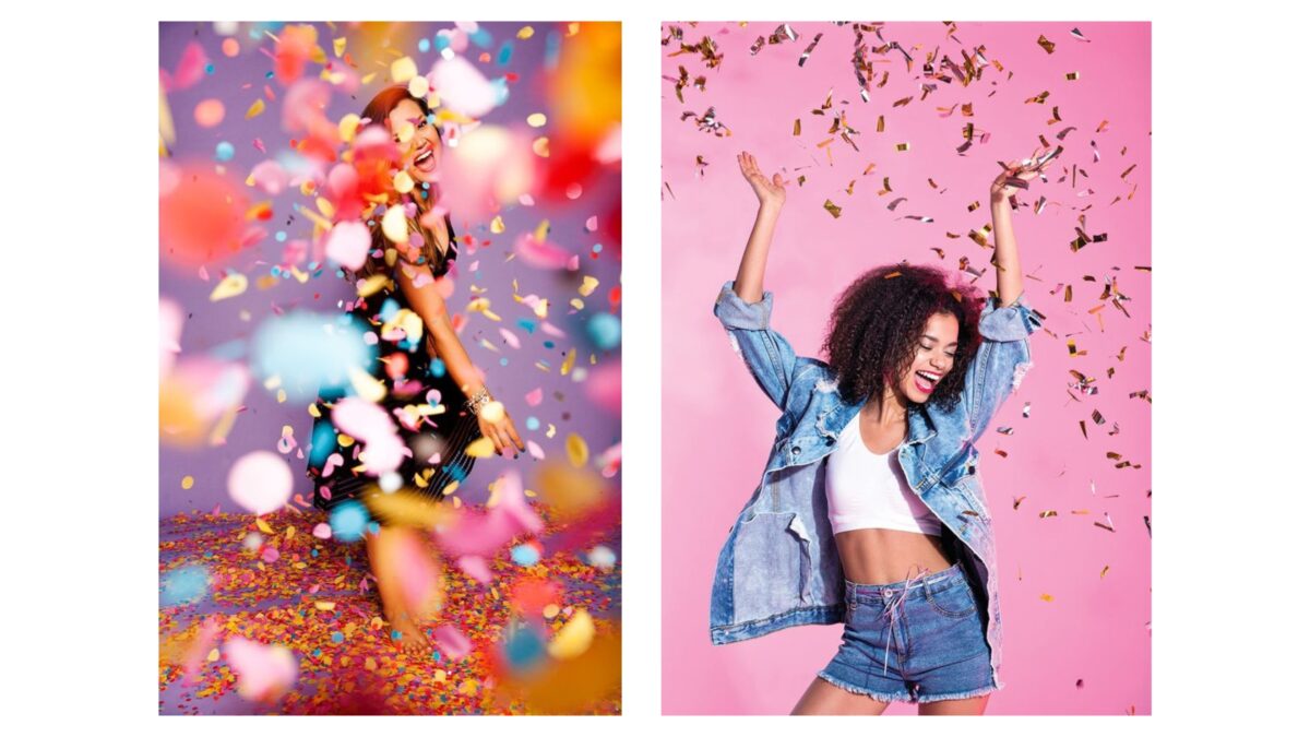 Two Vibrant Pictures Of A Woman With Confetti In Her Hair, Showcasing Creative Backdrop Ideas For Photography.
