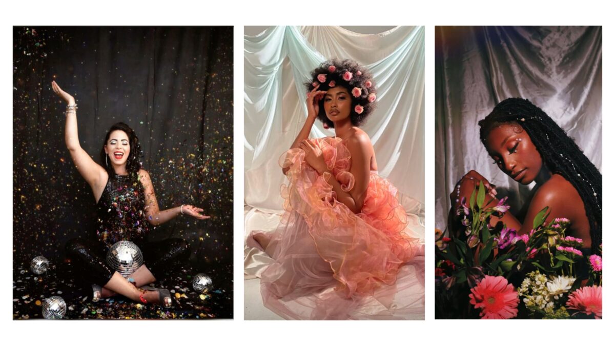 Four Pictures Of A Woman Posing For A Photo Shoot With Creative Backdrop Ideas.
