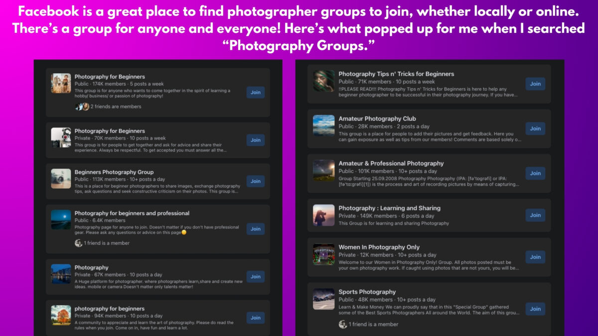 A Photo Of A Group Of Photographers On A Vibrant Purple Background Encouraging Others To Join Photography Groups.