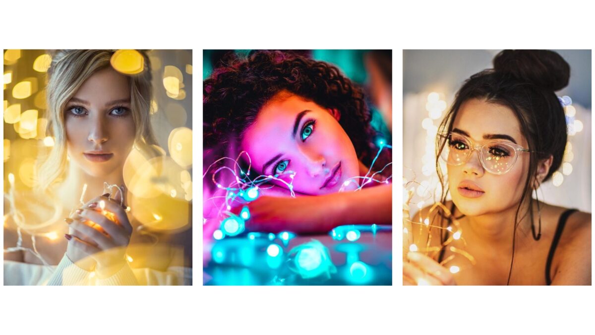 Four Pictures Of A Woman Posing With Stunning Backdrop Photography Ideas, Showcasing Lights On Her Face.