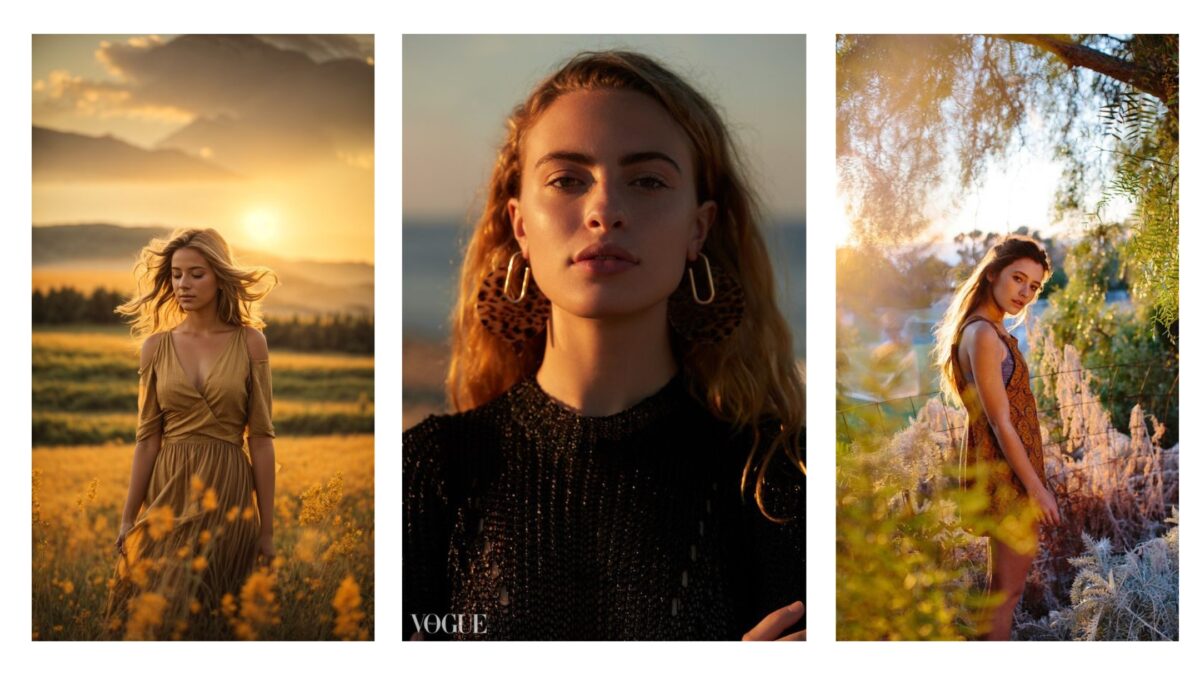 Four Mesmerizing Golden Hour Photography Pictures Of A Woman In A Field At Sunset.