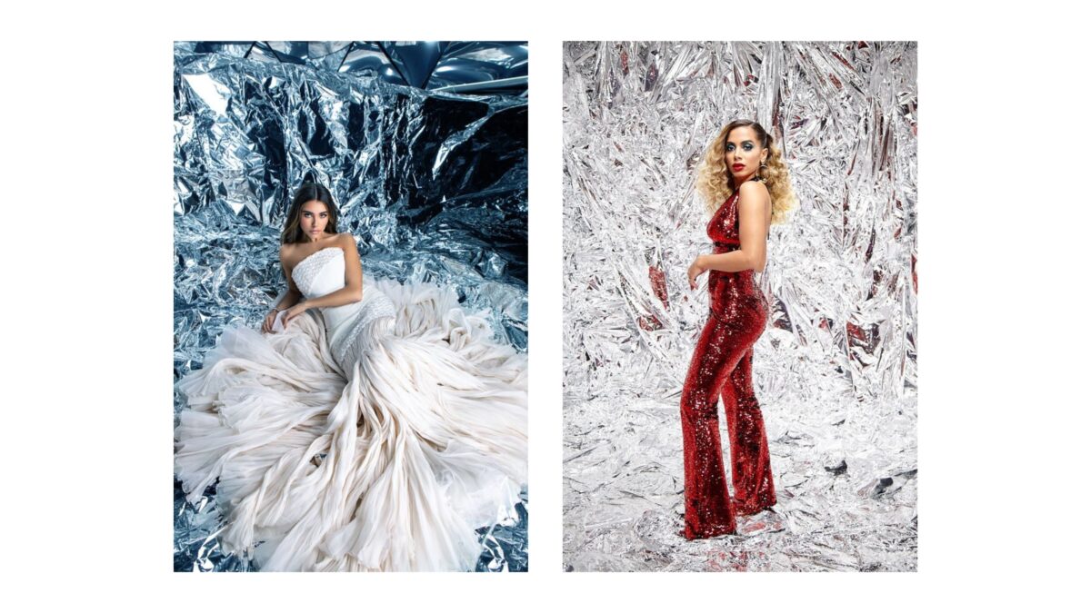 Two Pictures Showcasing Backdrop Ideas For Photography, Featuring A Woman In A Red Dress And A Woman In A Silver Dress.